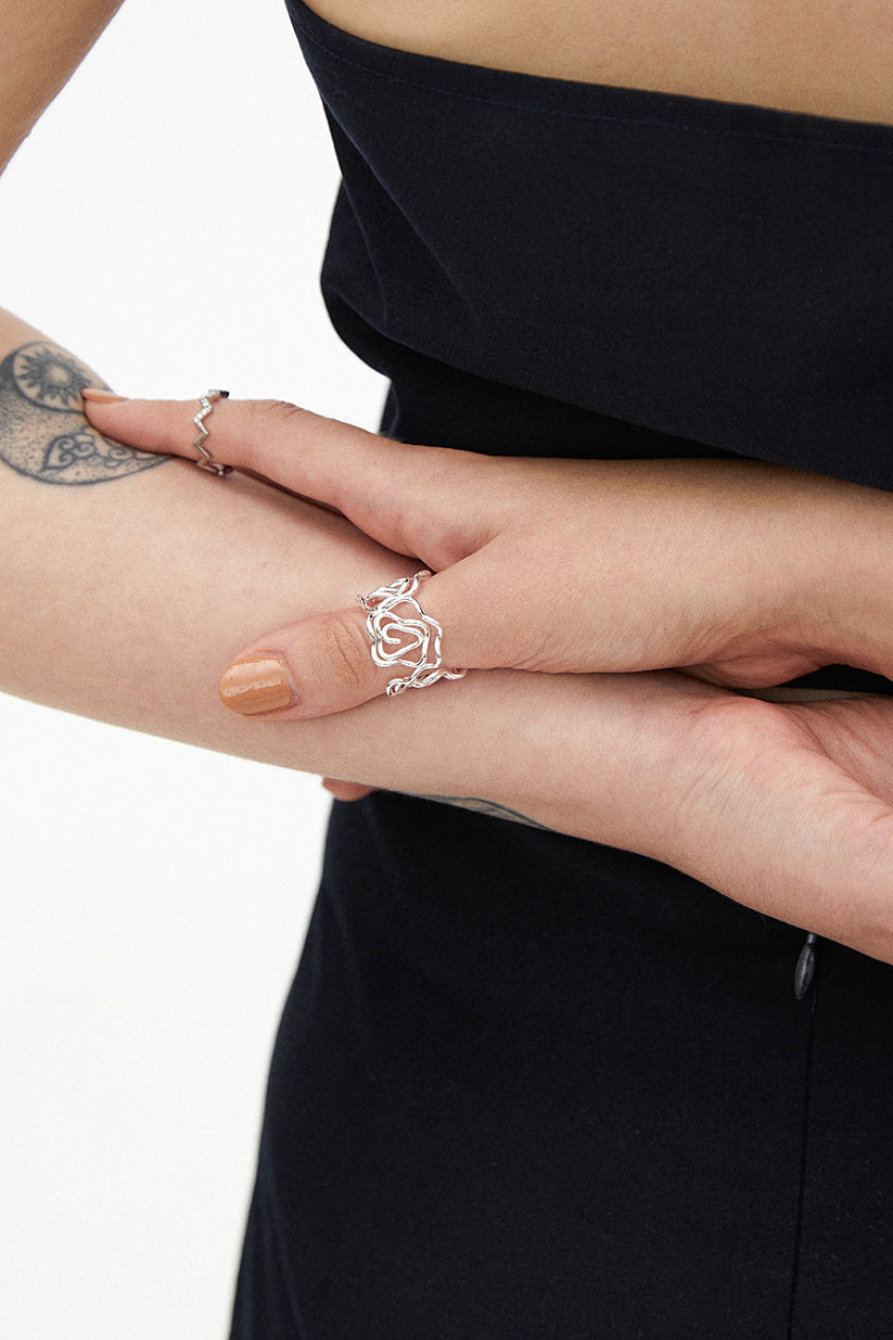 Floral Halo Open Ring Adjustable In Size Silver Fashion Jewelry