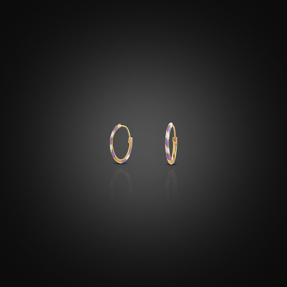 Yellow Gold 18K Open-Ended Enamel Earrings - Purple and White Striped Design