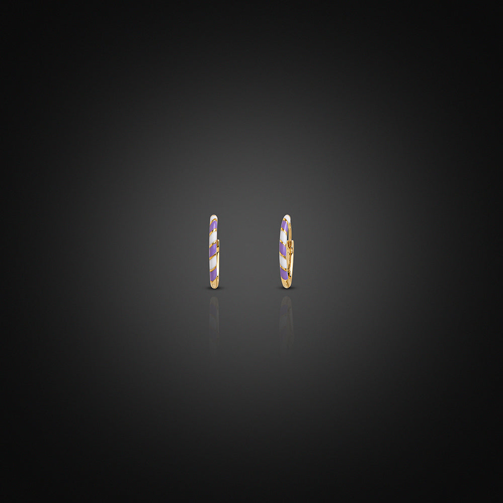 Yellow Gold 18K Open-Ended Enamel Earrings - Purple and White Striped Design