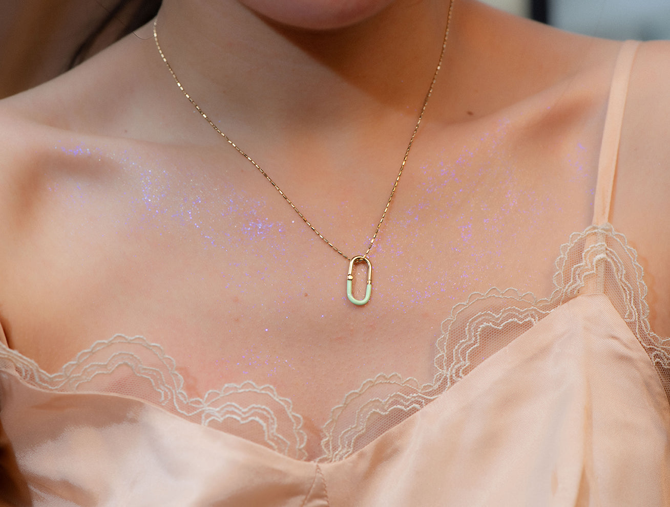 Yellow Gold 18K Open-Ended Enamel Charm Mint Green