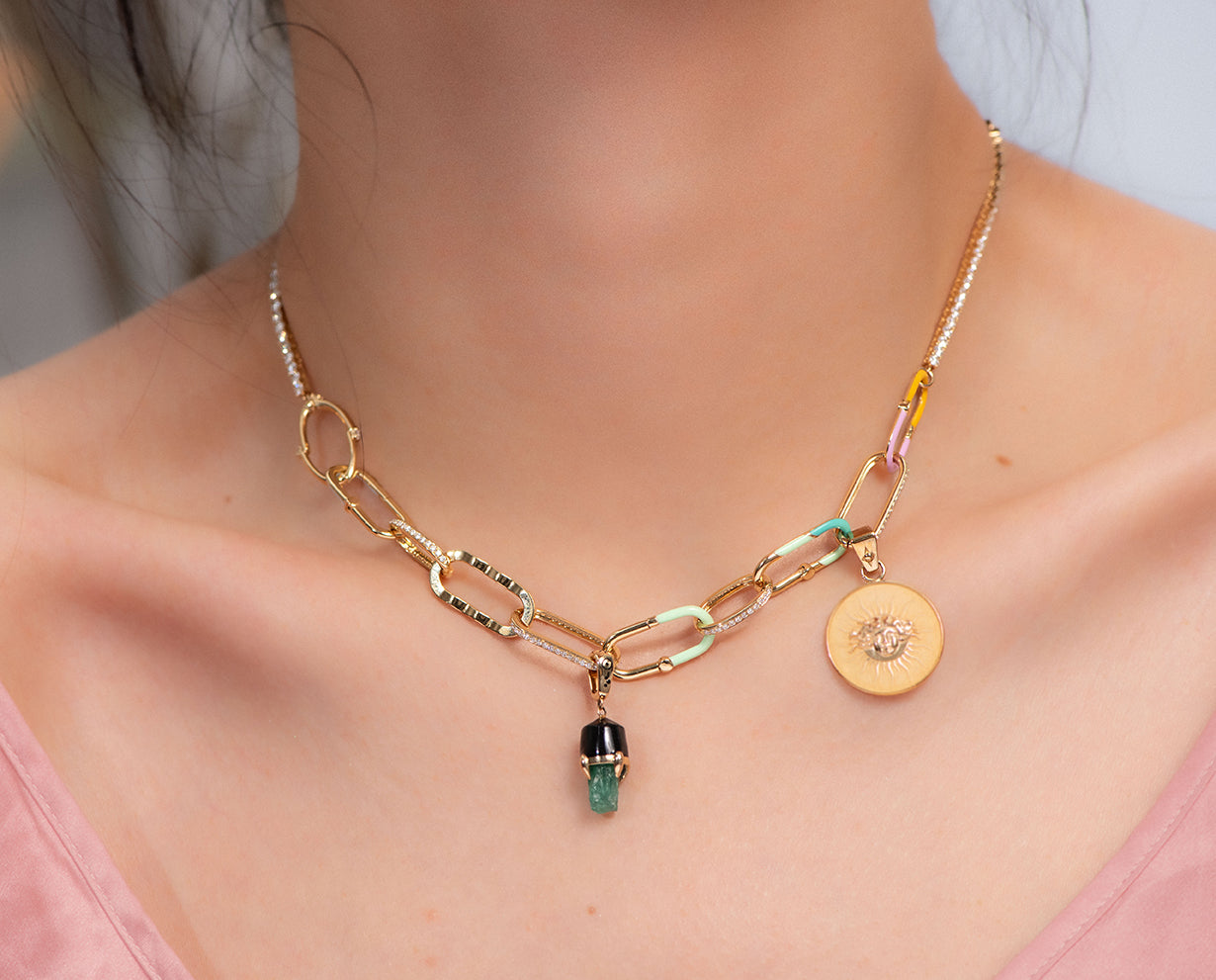 Yellow Gold 18K Open-Ended Enamel Charm Green Striped