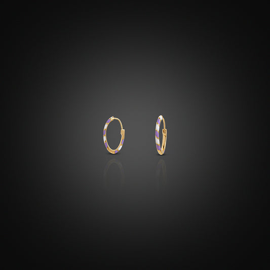 Yellow Gold 18K Open-Ended Enamel Earrings -  Purple and White Striped Design