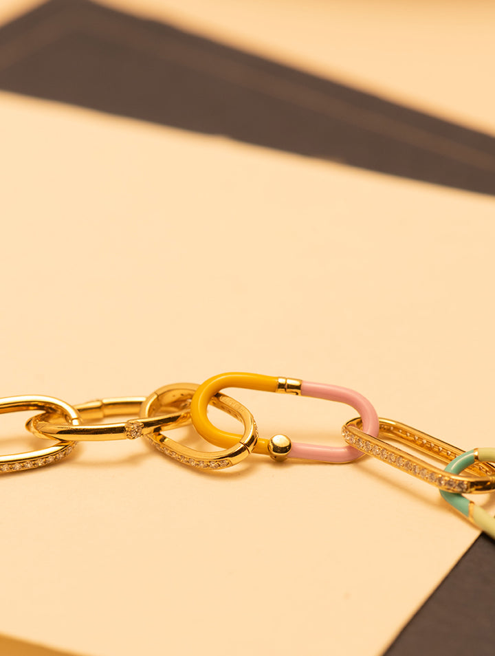 Yellow Gold 18K Open-Ended Enamel Charm Orange and Pink